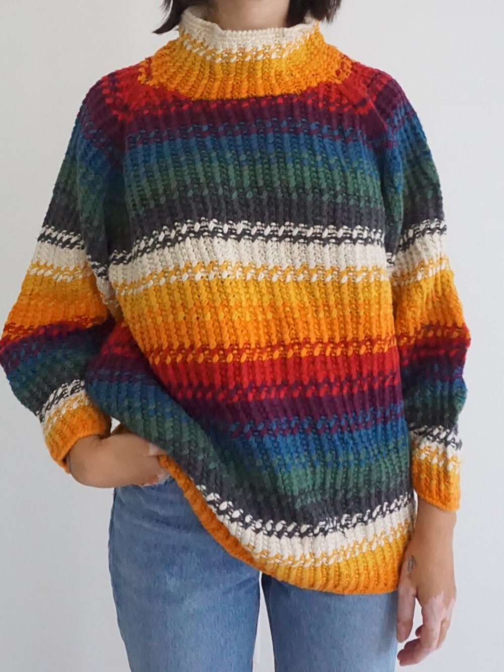 ntage Style New York Rainbow Striped Hand Knit Cotton Colorblock Boho Sweater M